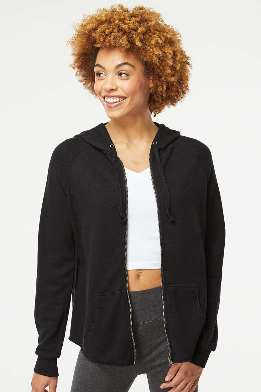 Independent Trading Company PRM2500Z Womens California Wave Wash Full Zip Hooded Sweatshirt Hoodie w/ Pockets Black Model Front