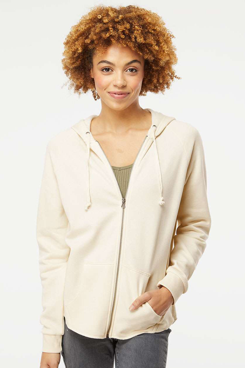 Independent Trading Company PRM2500Z Womens California Wave Wash Full Zip Hooded Sweatshirt Hoodie w/ Pockets Bone Model Front