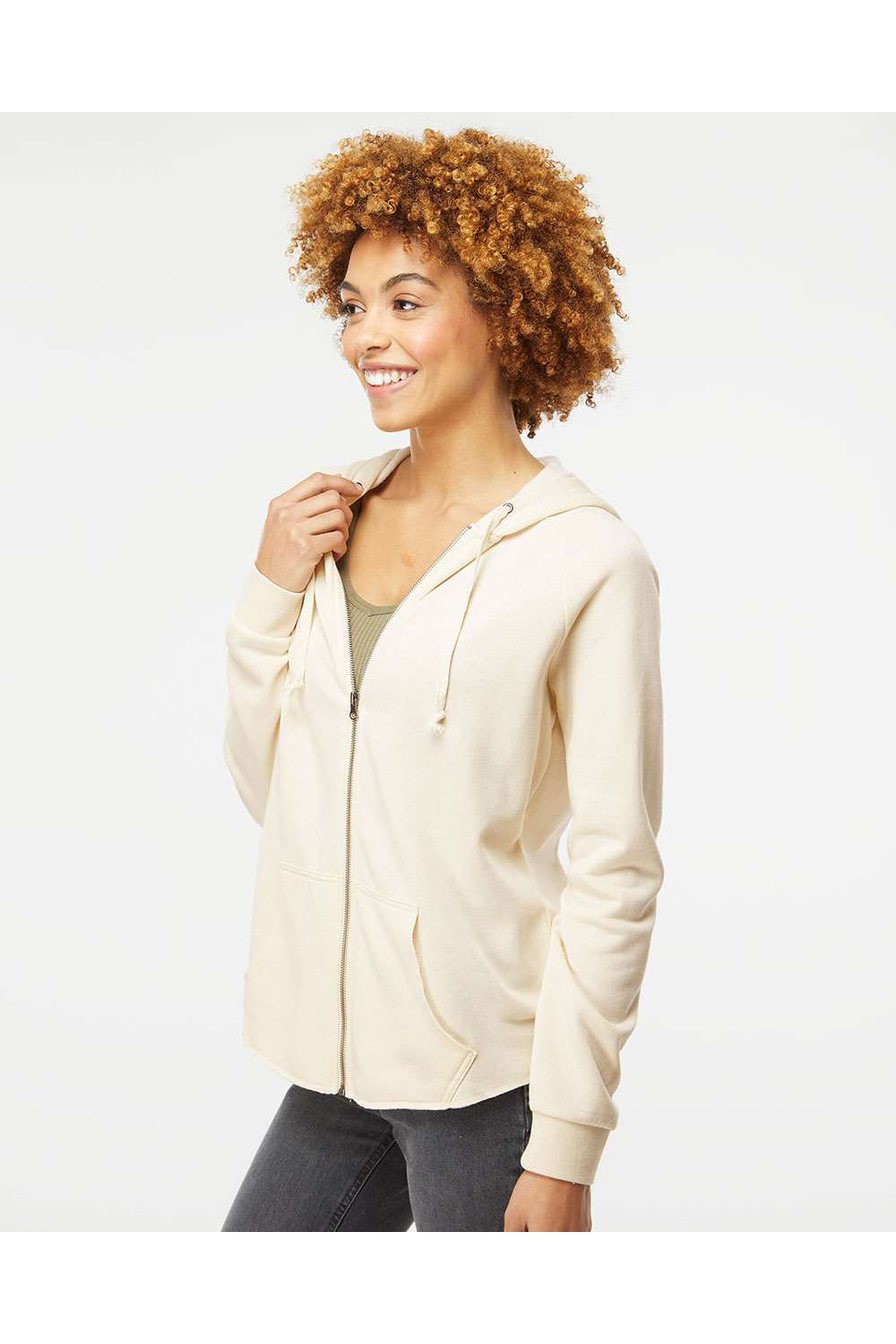 Independent Trading Co. PRM2500Z Womens California Wave Wash Full Zip Hooded Sweatshirt Hoodie Bone Model Side