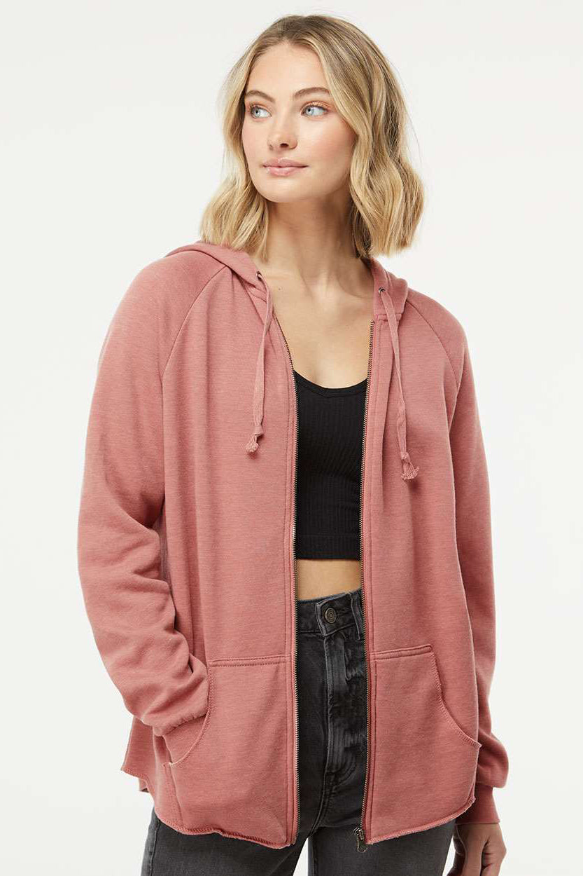 Independent Trading Company PRM2500Z Womens California Wave Wash Full Zip Hooded Sweatshirt Hoodie w/ Pockets Dusty Rose Model Front