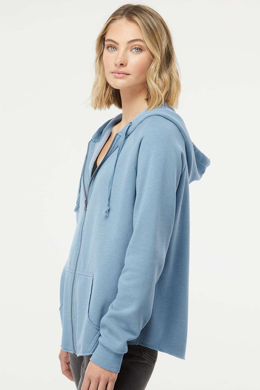 Independent Trading Company PRM2500Z Womens California Wave Wash Full Zip Hooded Sweatshirt Hoodie w/ Pockets Misty Blue Model Side