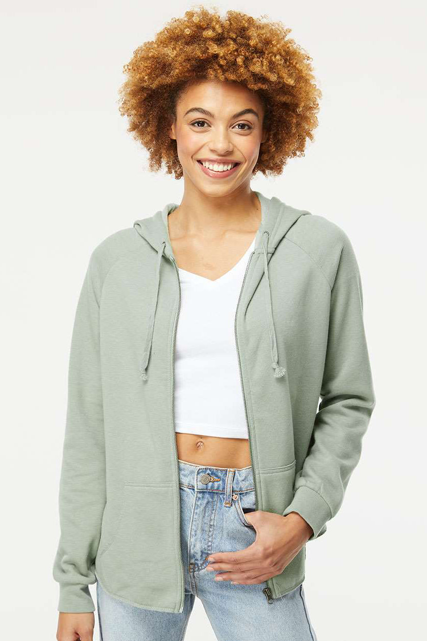 Independent Trading Company PRM2500Z Womens California Wave Wash Full Zip Hooded Sweatshirt Hoodie w/ Pockets Sage Green Model Front