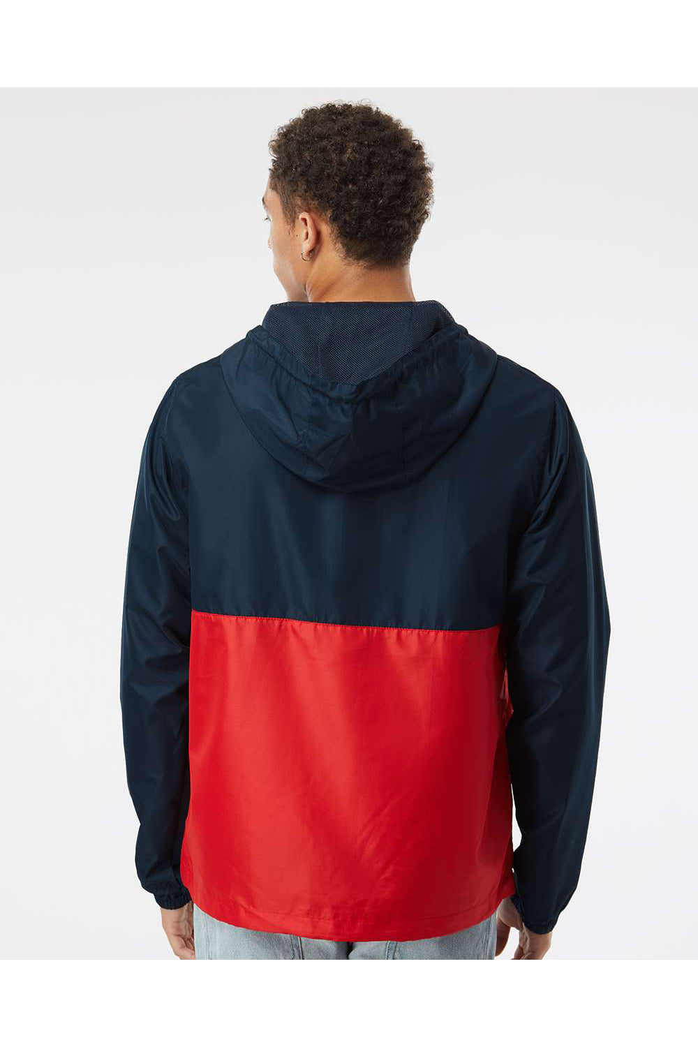 Independent Trading Co. EXP54LWP Mens 1/4 Zip Windbreaker Hooded Jacket Classic Navy Blue/Red Model Back