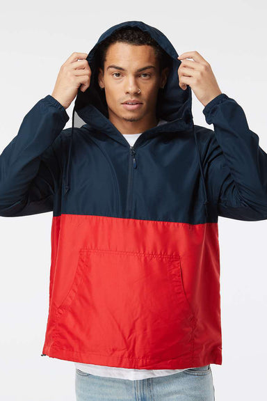 Independent Trading Company EXP54LWP Mens Water Resistant 1/4 Zip Windbreaker Hooded Jacket Classic Navy Blue/Red Model Front