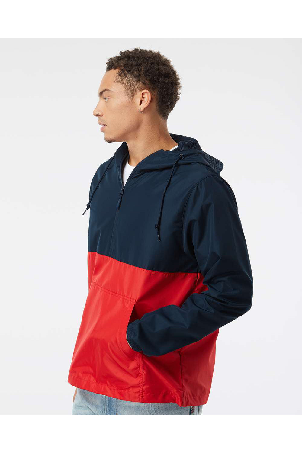 Independent Trading Co. EXP54LWP Mens 1/4 Zip Windbreaker Hooded Jacket Classic Navy Blue/Red Model Side
