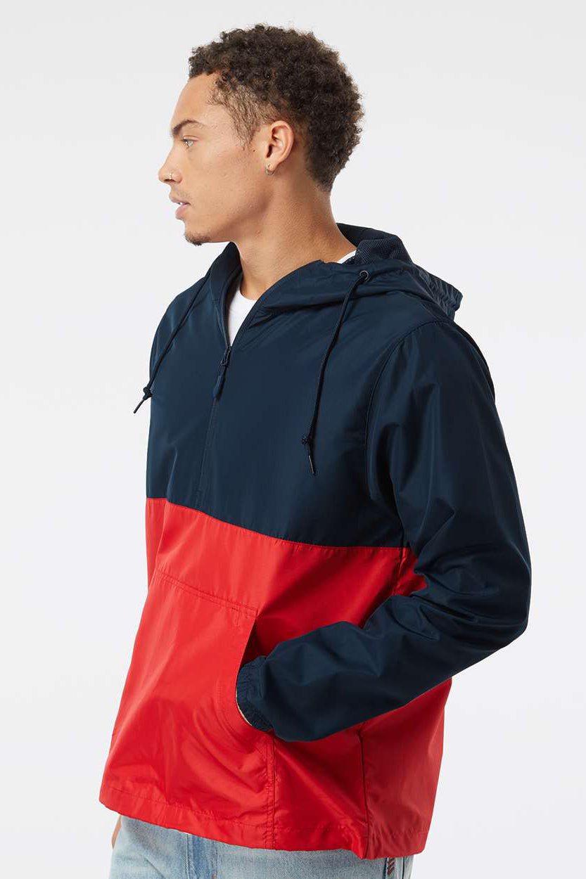 Independent Trading Company EXP54LWP Mens Water Resistant 1/4 Zip Windbreaker Hooded Jacket Classic Navy Blue/Red Model Side