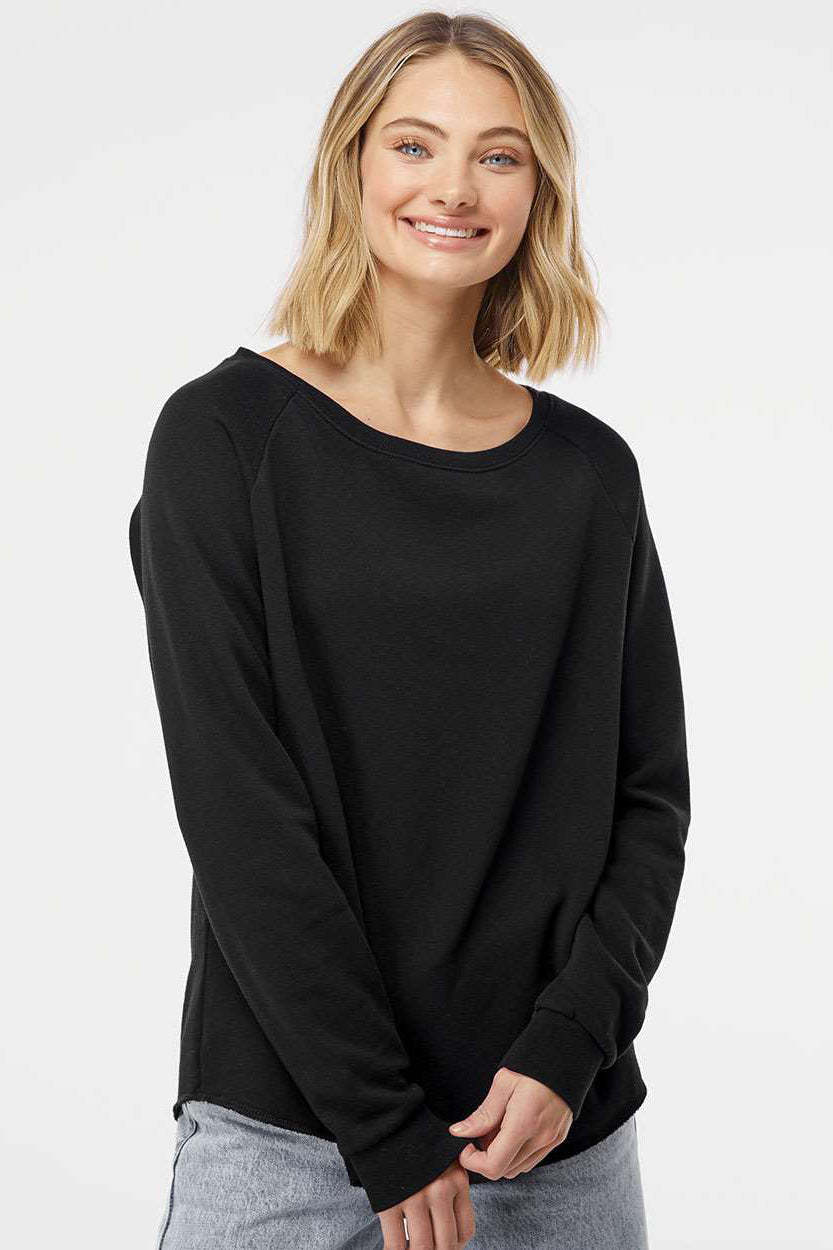 Independent Trading Company PRM2000 Womens California Wave Wash Crewneck Sweatshirt Black Model Front