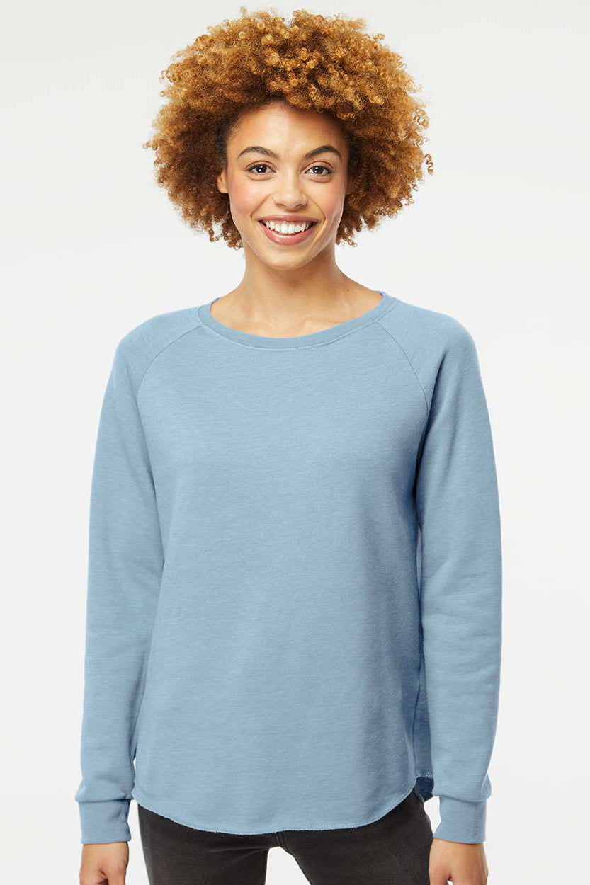 Independent Trading Company PRM2000 Womens California Wave Wash Crewneck Sweatshirt Misty Blue Model Front