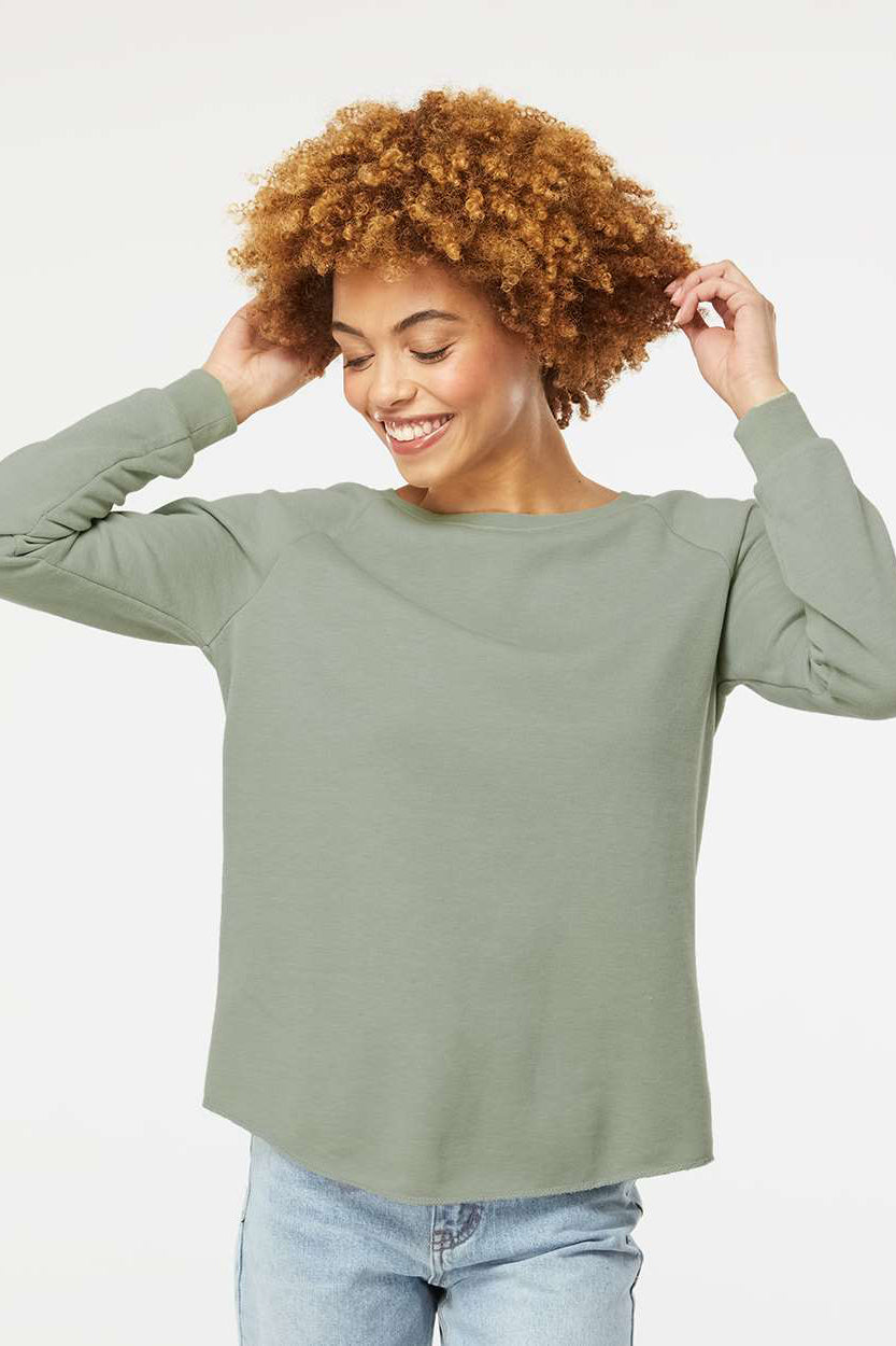 Independent Trading Company PRM2000 Womens California Wave Wash Crewneck Sweatshirt Sage Green Model Front