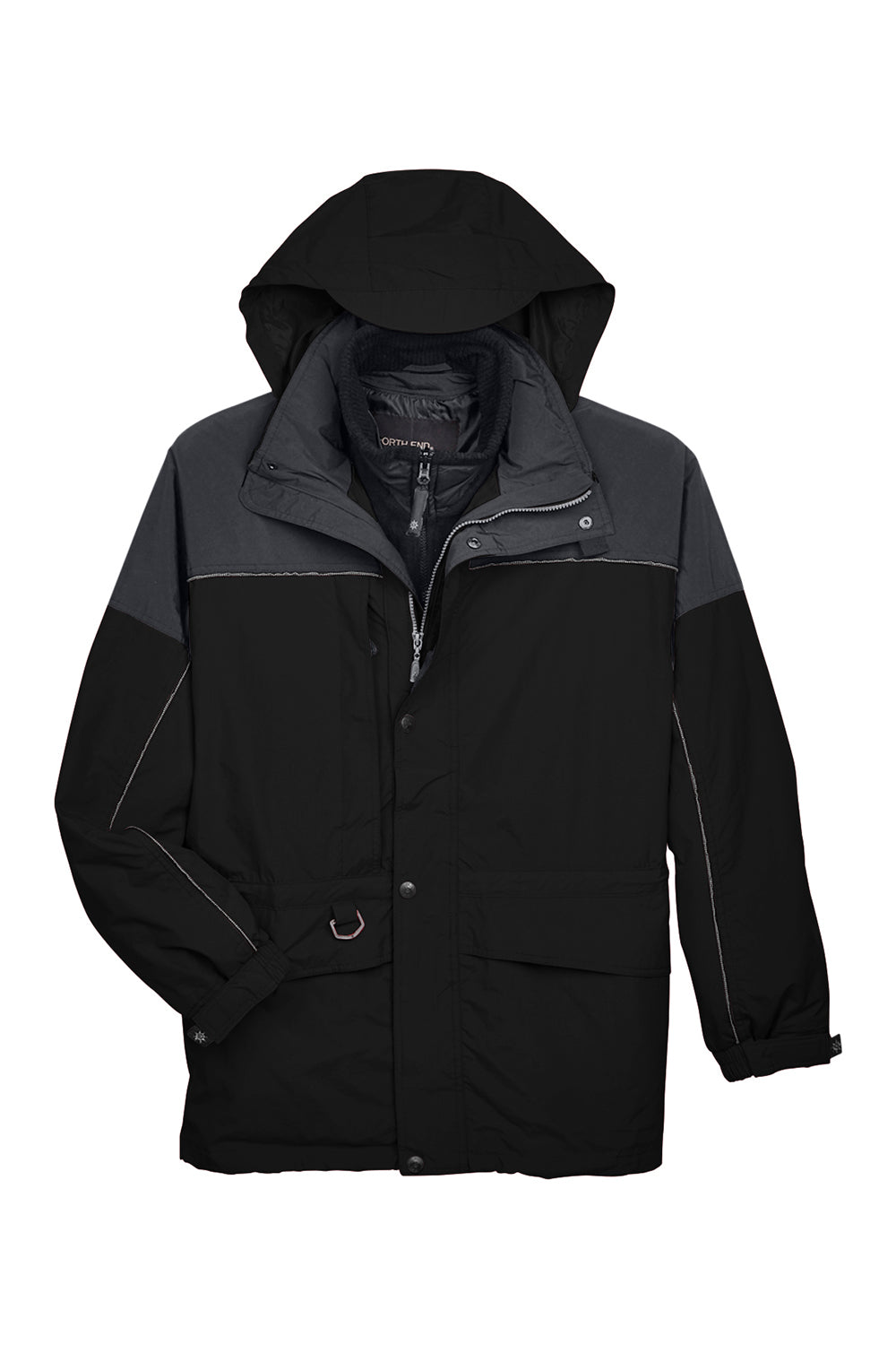 North End 88006 Mens 3-in-1 Water Resistant Full Zip Hooded Jacket Black/Grey Flat Front