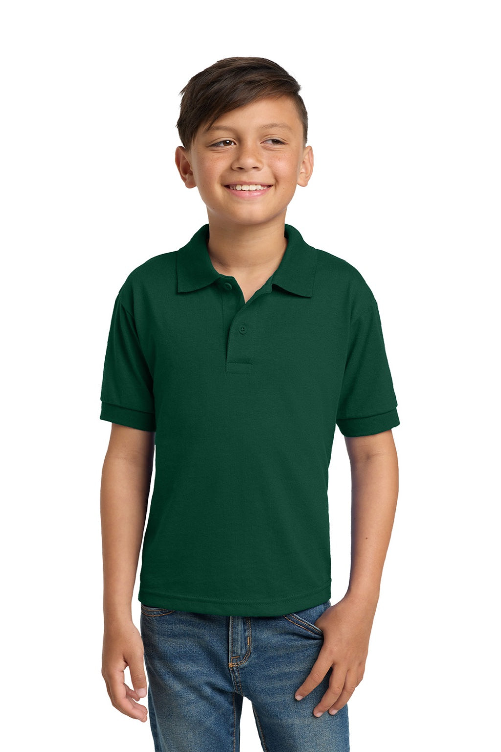 Gildan 8800B Youth DryBlend Moisture Wicking Short Sleeve Polo Shirt Forest Green Model Front