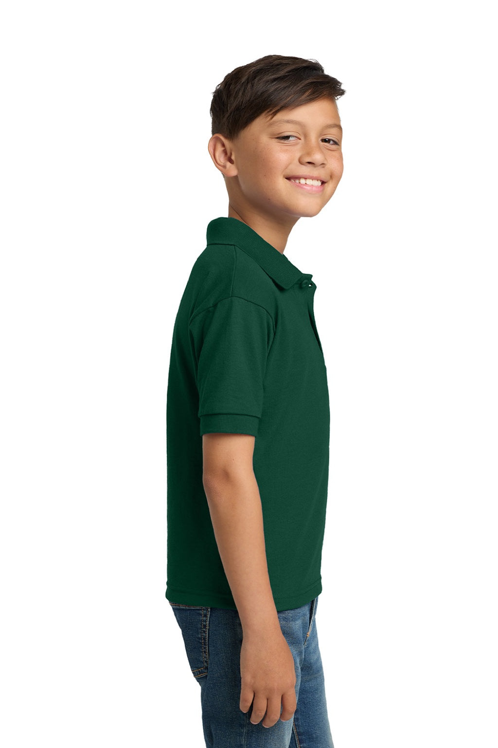 Gildan 8800B Youth DryBlend Moisture Wicking Short Sleeve Polo Shirt Forest Green Model Side