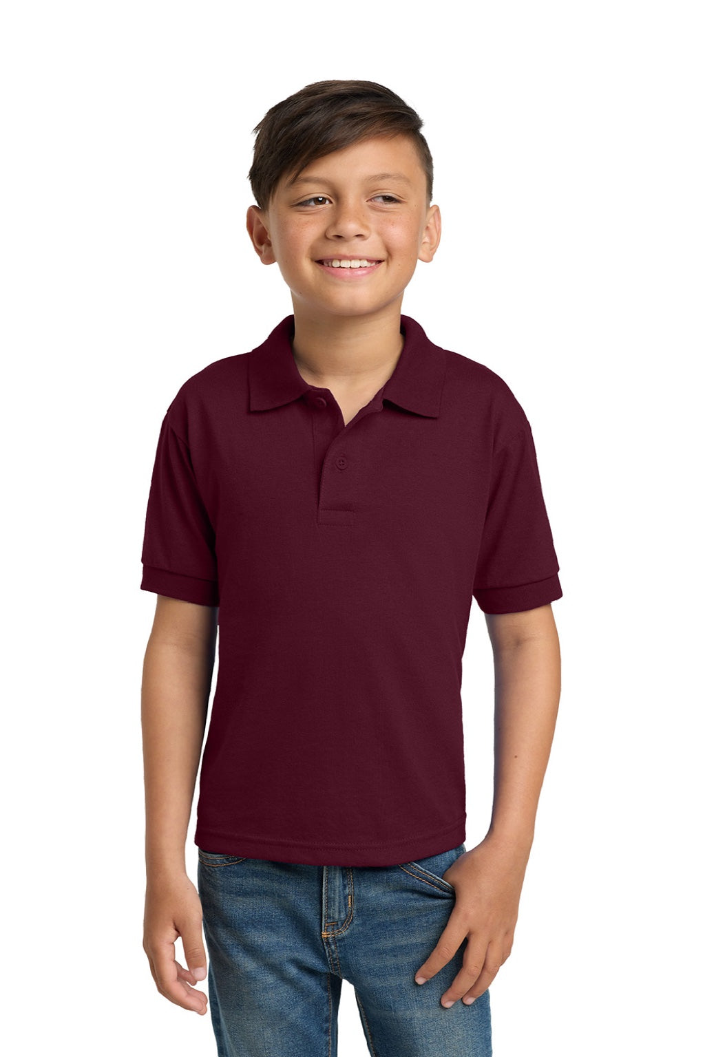 Gildan 8800B Youth DryBlend Moisture Wicking Short Sleeve Polo Shirt Maroon Model Front