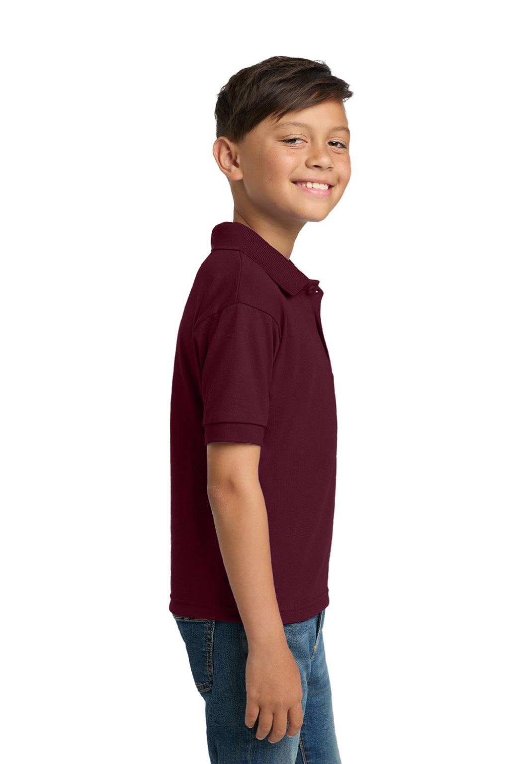 Gildan 8800B Youth DryBlend Moisture Wicking Short Sleeve Polo Shirt Maroon Model Side