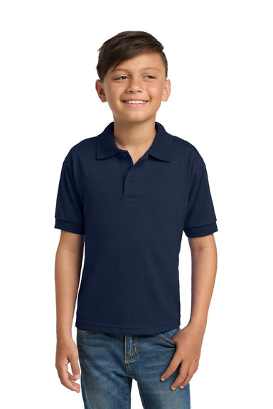 Gildan 8800B Youth DryBlend Moisture Wicking Short Sleeve Polo Shirt Navy Blue Model Front