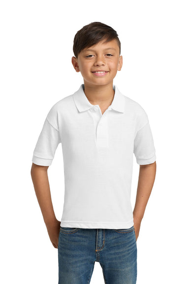Gildan 8800B Youth DryBlend Moisture Wicking Short Sleeve Polo Shirt White Model Front