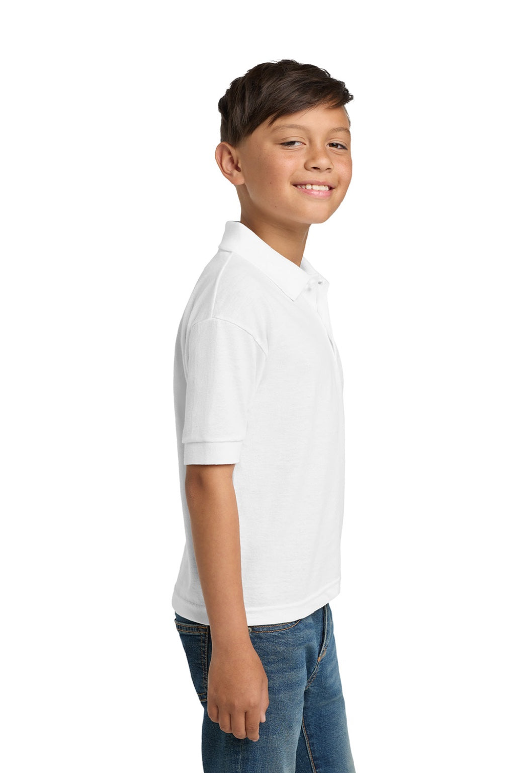 Gildan 8800B Youth DryBlend Moisture Wicking Short Sleeve Polo Shirt White Model Side