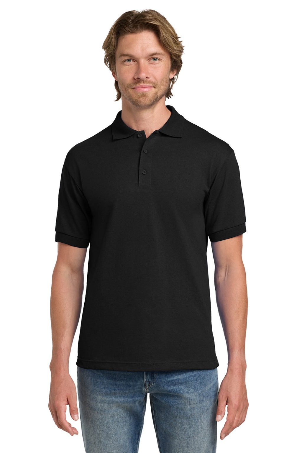 Gildan 8800 Mens DryBlend Moisture Wicking Short Sleeve Polo Shirt Black Model Front