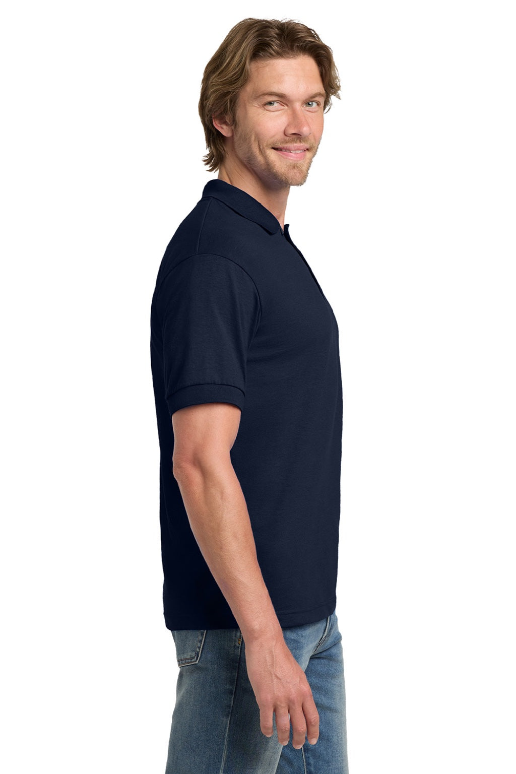 Gildan 8800 Mens DryBlend Moisture Wicking Short Sleeve Polo Shirt Navy Blue Model Side