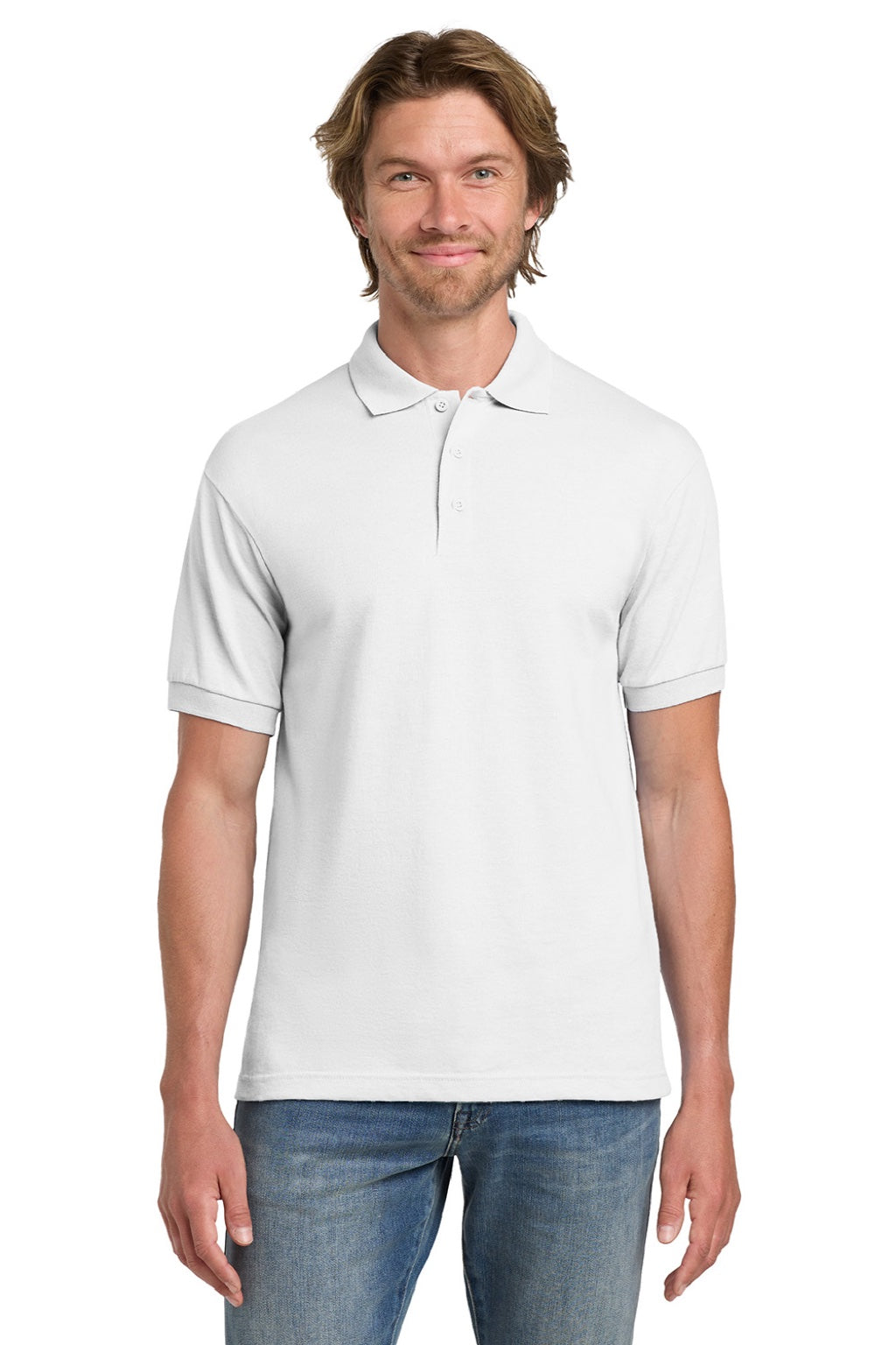 Gildan 8800 Mens DryBlend Moisture Wicking Short Sleeve Polo Shirt White Model Front