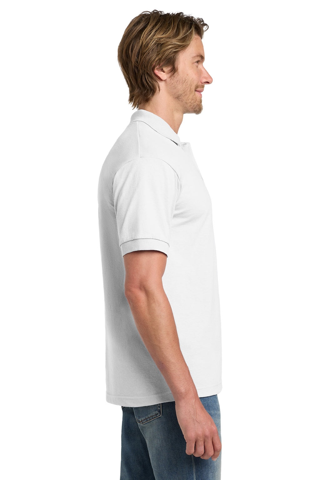 Gildan 8800 Mens DryBlend Moisture Wicking Short Sleeve Polo Shirt White Model Side