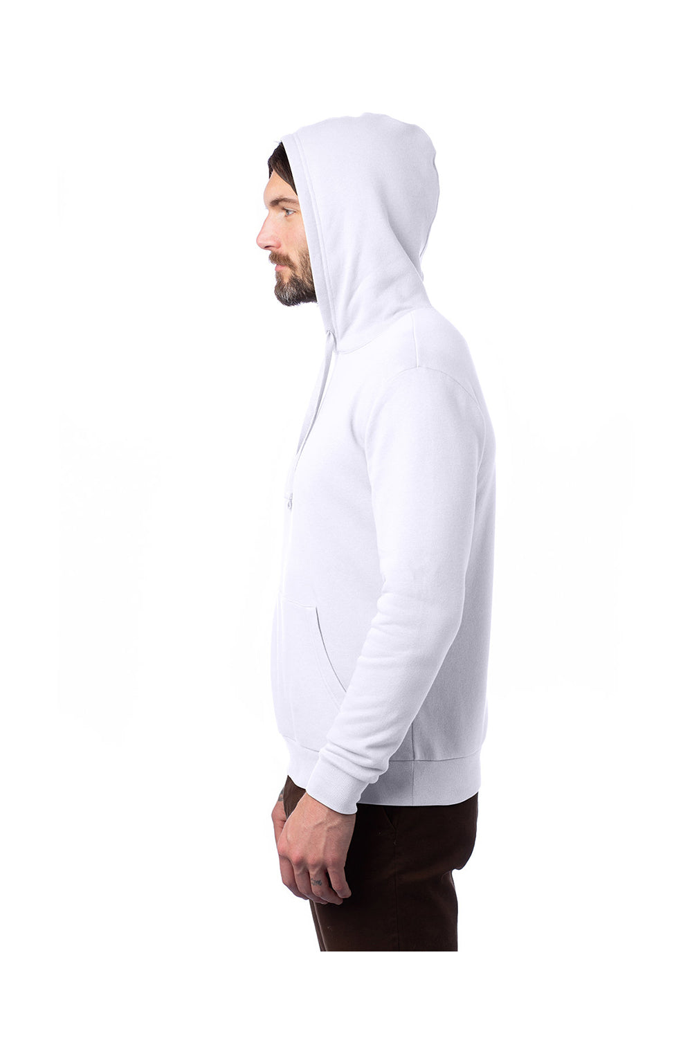 Alternative 8804PF Mens Eco Cozy Fleece Hooded Sweatshirt Hoodie White Model Side