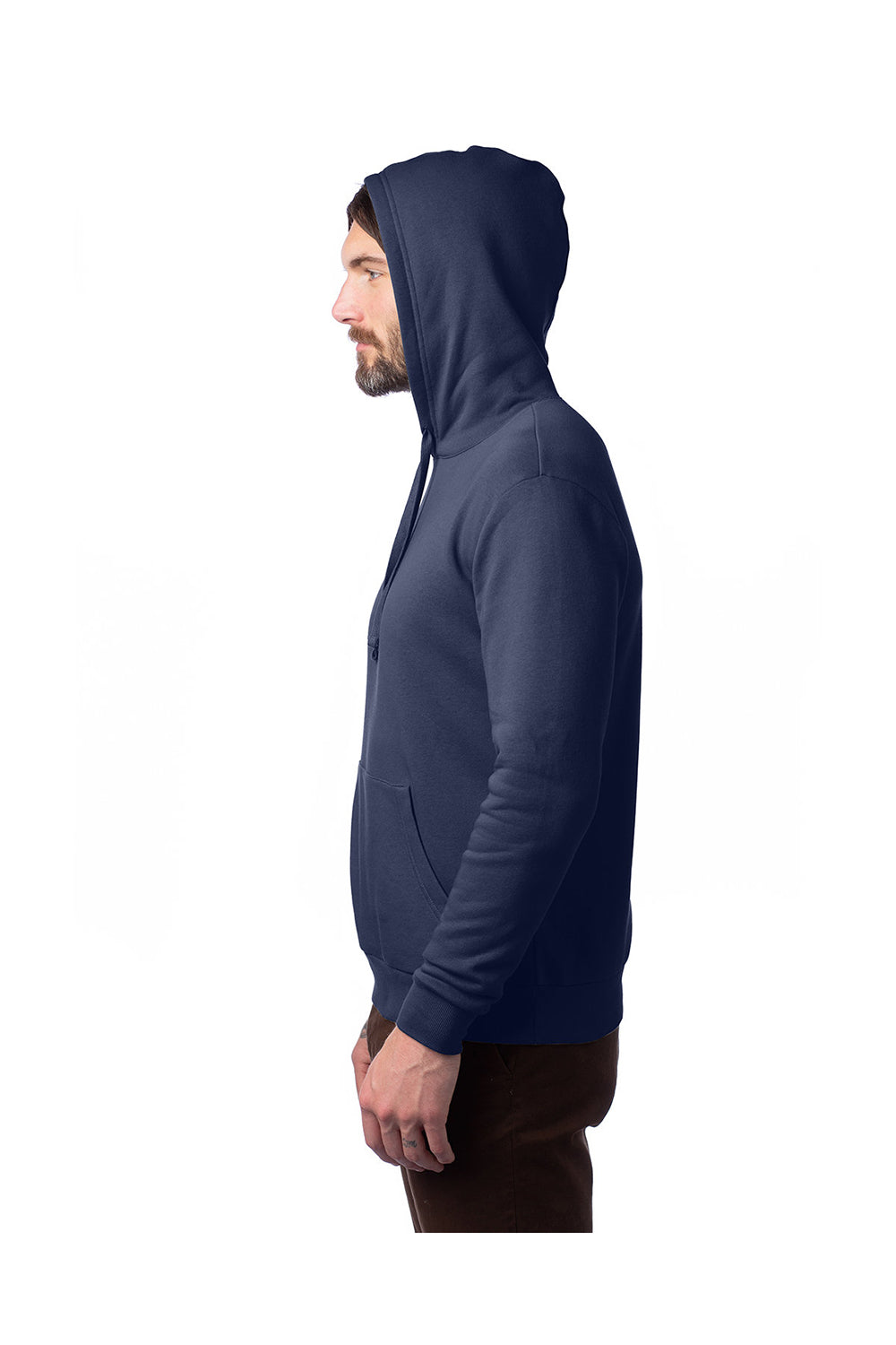 Alternative 8804PF Mens Eco Cozy Fleece Hooded Sweatshirt Hoodie Midnight Navy Blue Model Side