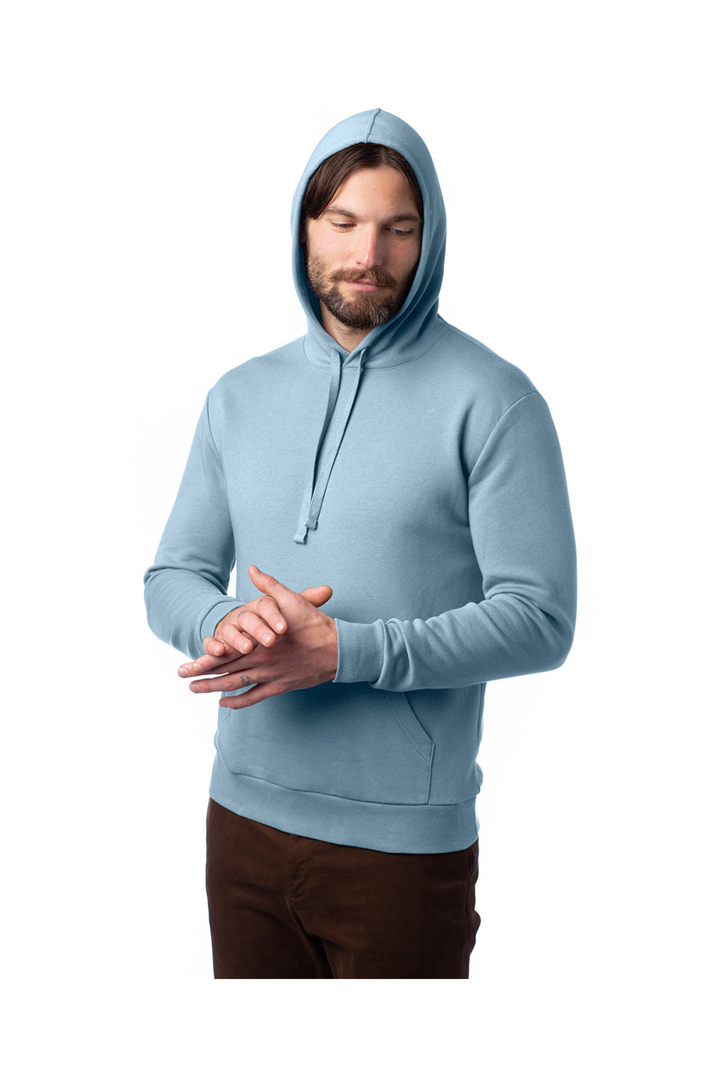 Alternative 8804PF Mens Eco Cozy Fleece Hooded Sweatshirt Hoodie Light Blue Model 3Q