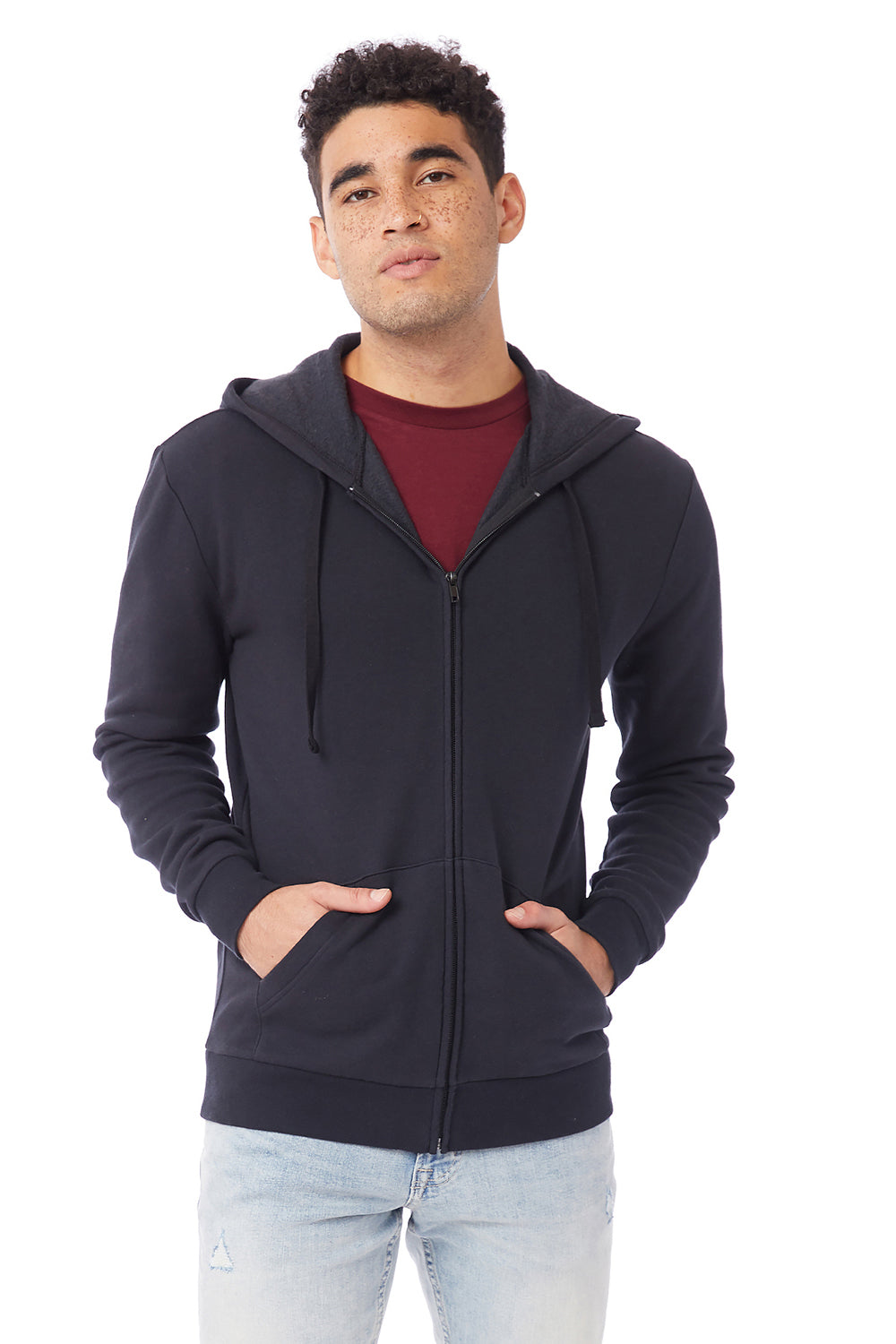 Alternative 8805PF Mens Eco Cozy Fleece Full Zip Hooded Sweatshirt Hoodie Black Model Front