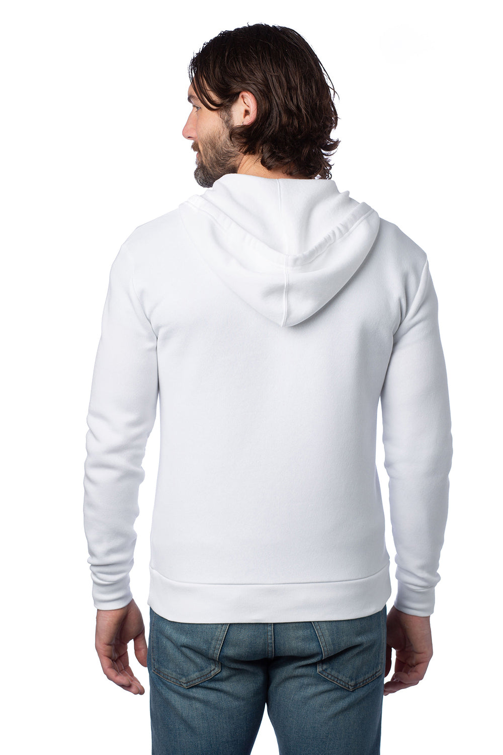 Alternative 8805PF Mens Eco Cozy Fleece Full Zip Hooded Sweatshirt Hoodie White Model Back