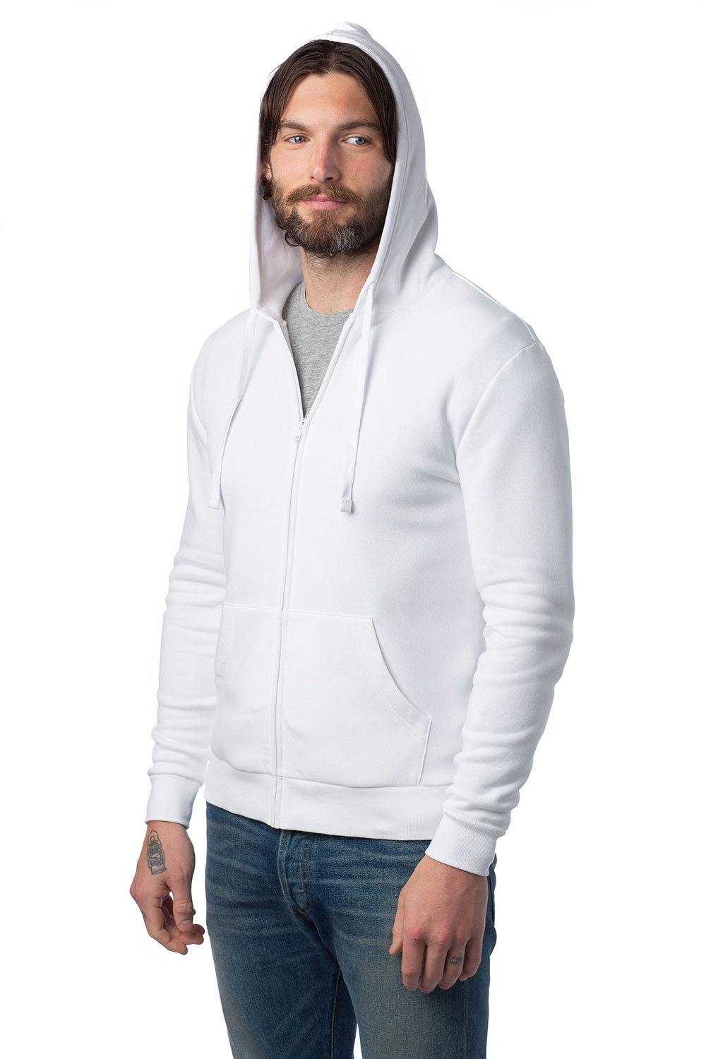 Alternative 8805PF Mens Eco Cozy Fleece Full Zip Hooded Sweatshirt Hoodie White Model Side