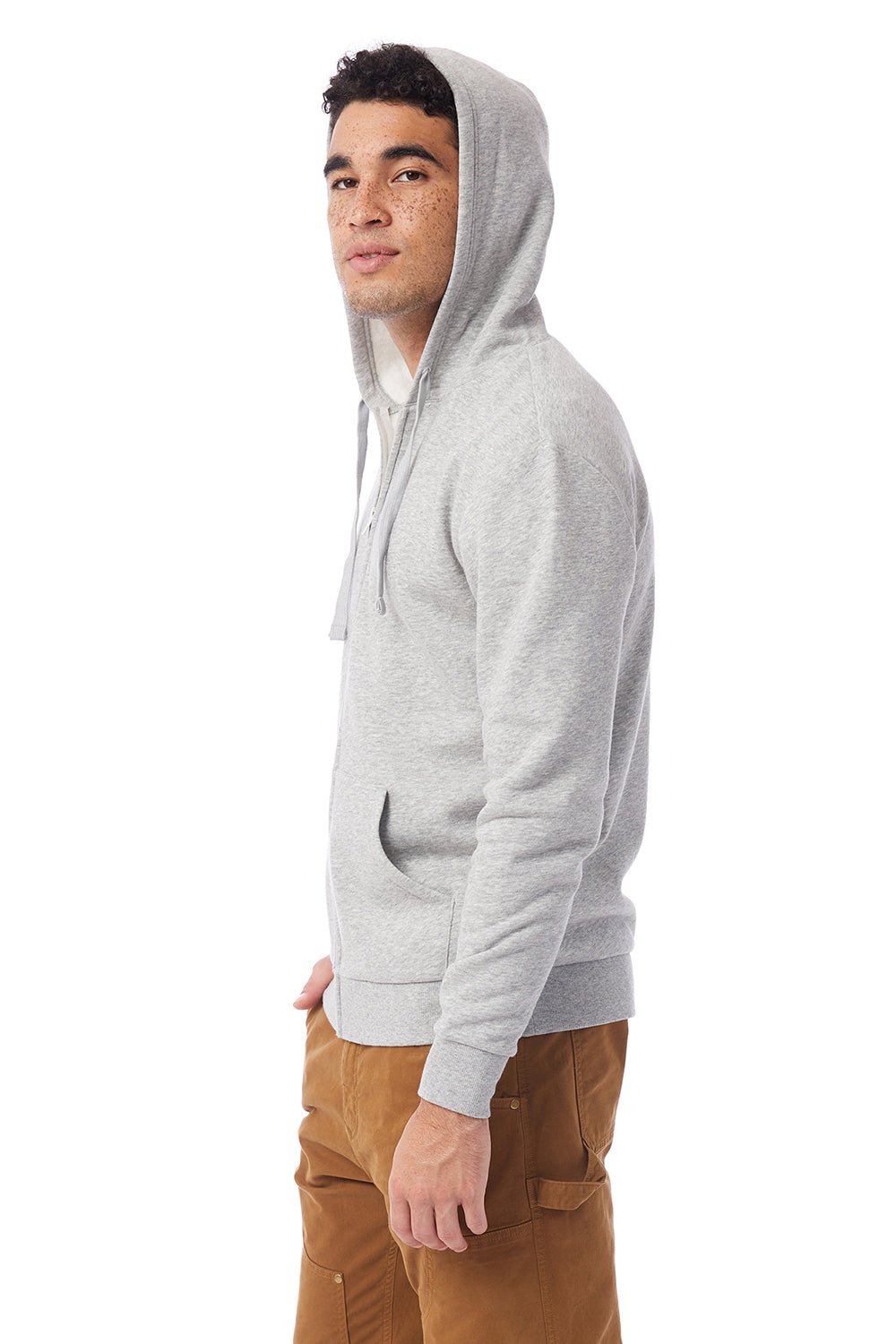 Alternative 8805PF Mens Eco Cozy Fleece Full Zip Hooded Sweatshirt Hoodie Heather Grey Model Side