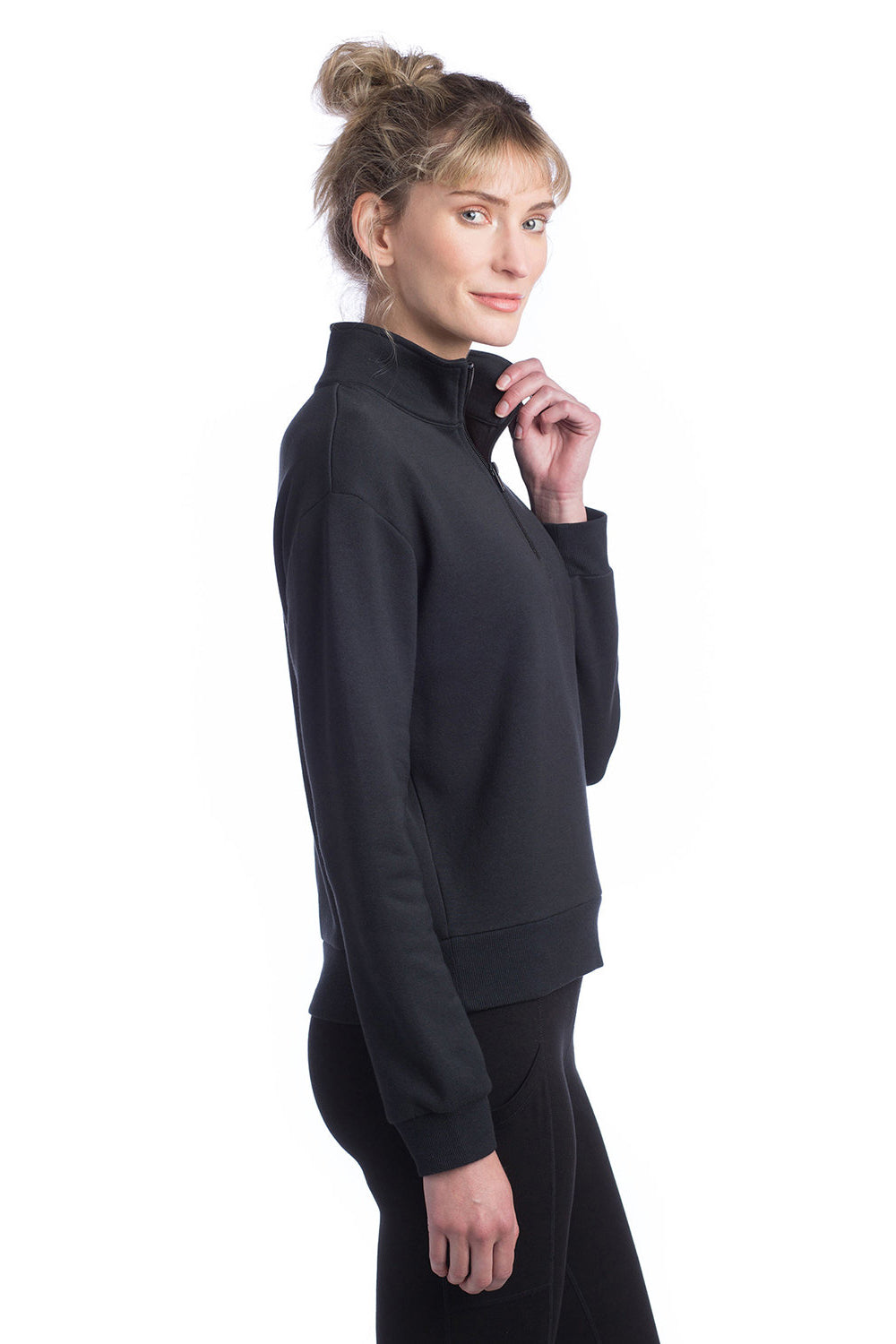 Alternative 8808PF Womens Eco Cozy Fleece Mock Neck 1/4 Zip Sweatshirt Black Model Side