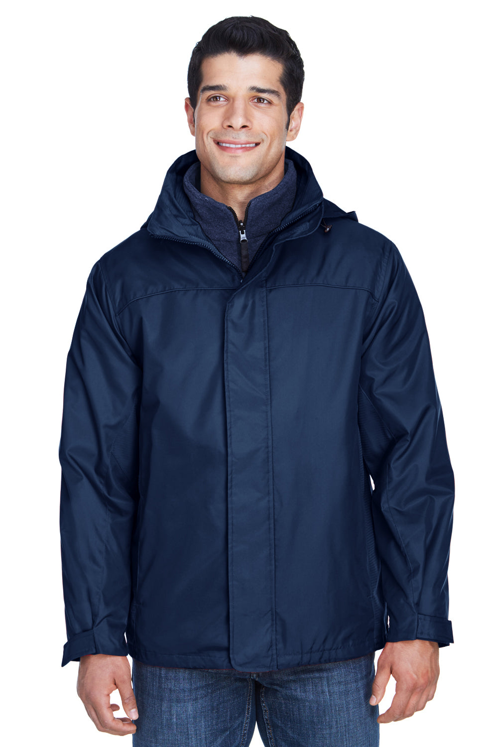 North End 88130 Mens 3-in-1 Water Resistant Full Zip Hooded Jacket Midnight Navy Blue Model Front