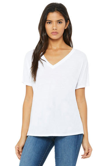 Bella + Canvas 8815 Womens Slouchy Short Sleeve V-Neck T-Shirt White Model Front