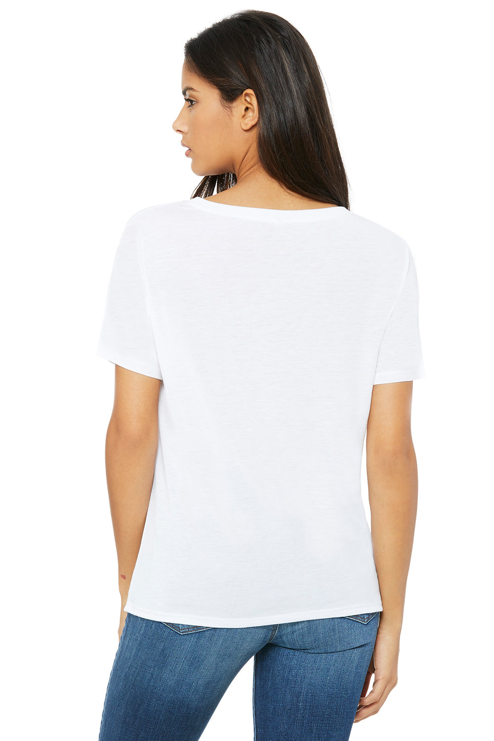 Bella + Canvas 8815 Womens Slouchy Short Sleeve V-Neck T-Shirt White Model Back