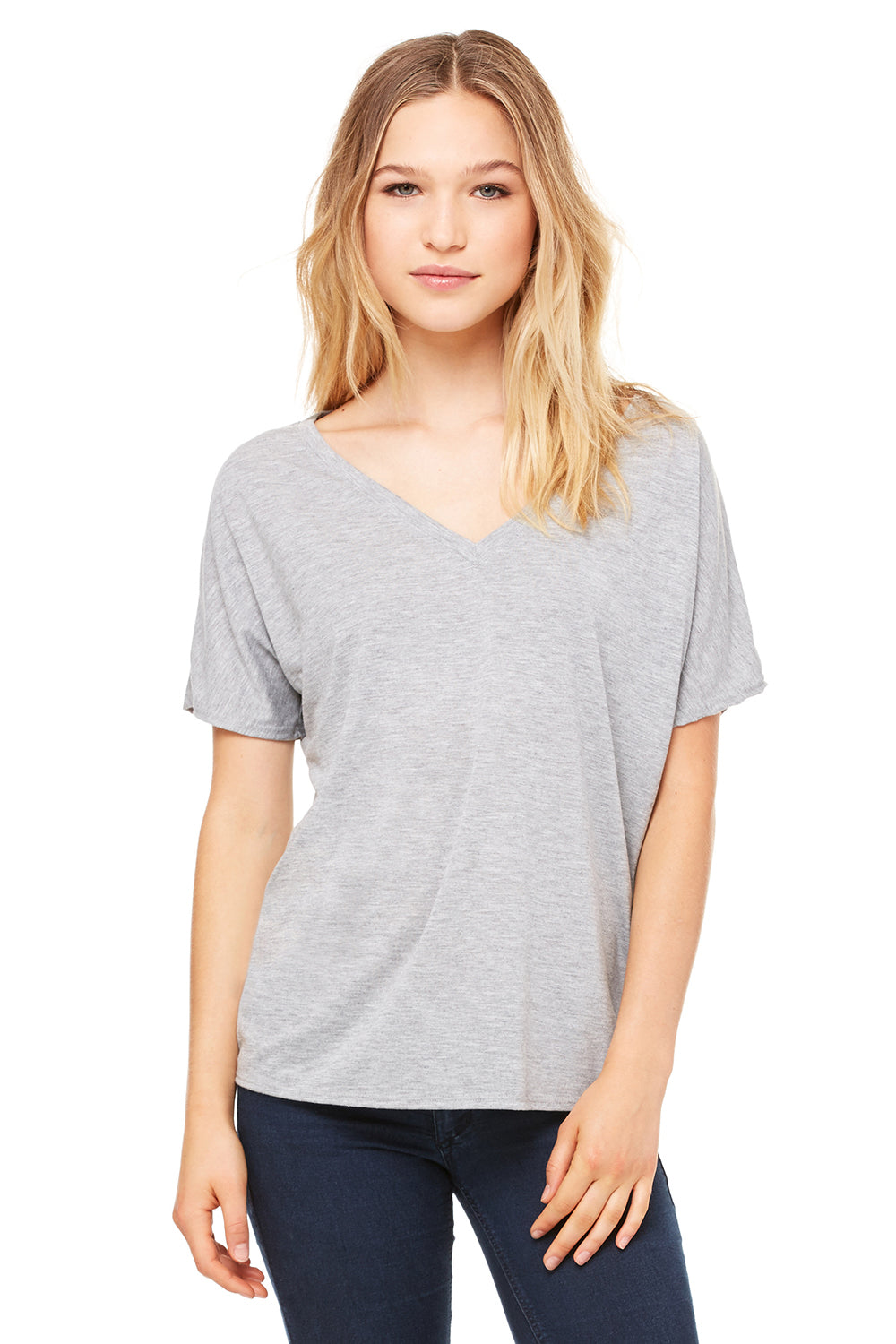 Bella + Canvas 8815 Womens Slouchy Short Sleeve V-Neck T-Shirt Heather Grey Model Front