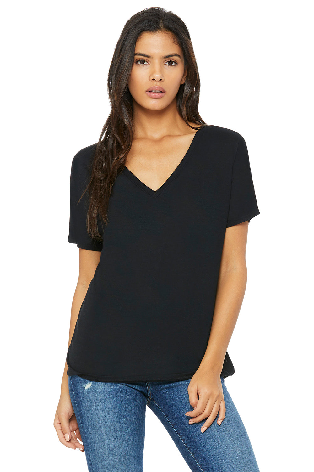 Bella + Canvas 8815 Womens Slouchy Short Sleeve V-Neck T-Shirt Black Model Front