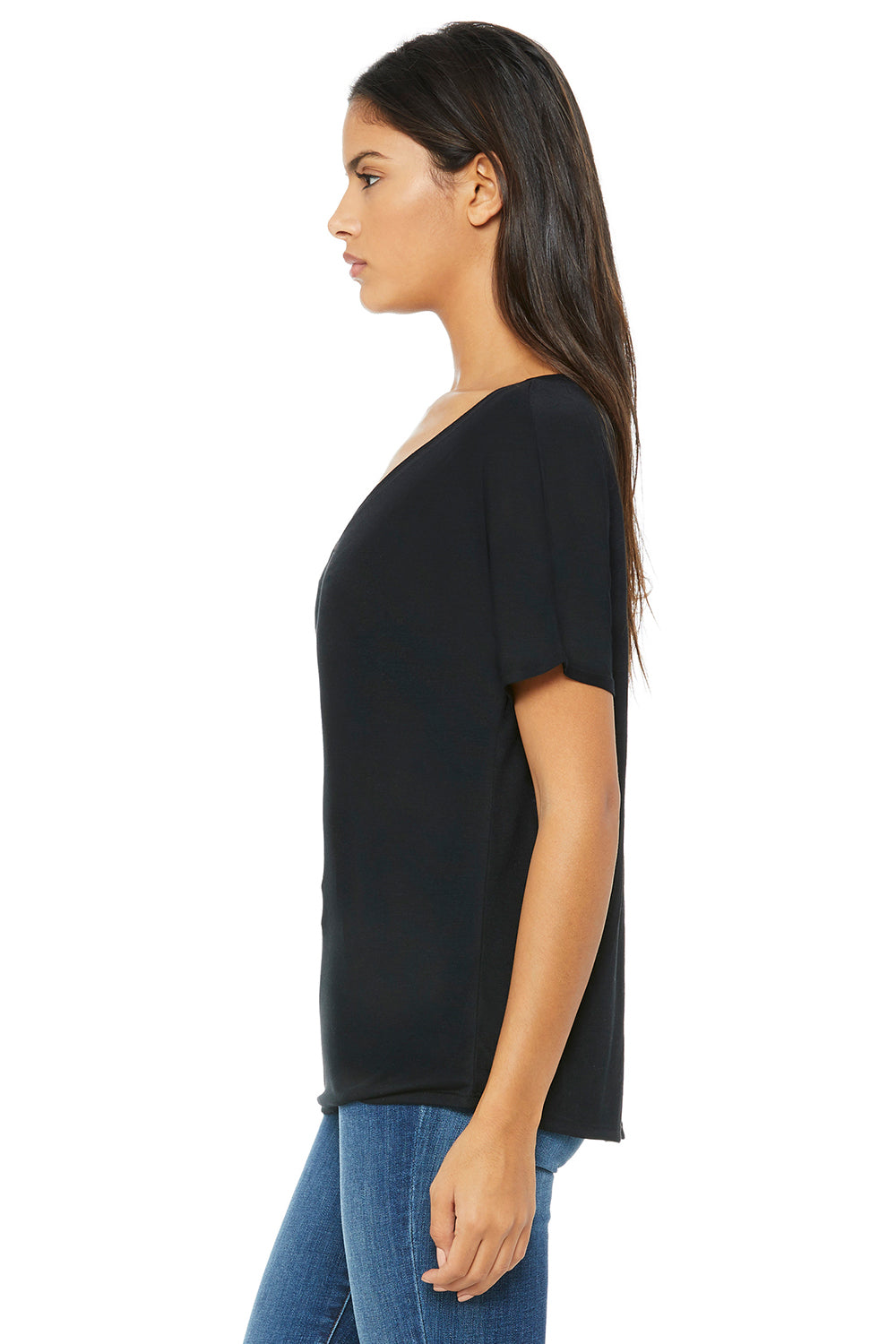 Bella + Canvas 8815 Womens Slouchy Short Sleeve V-Neck T-Shirt Black Model Side