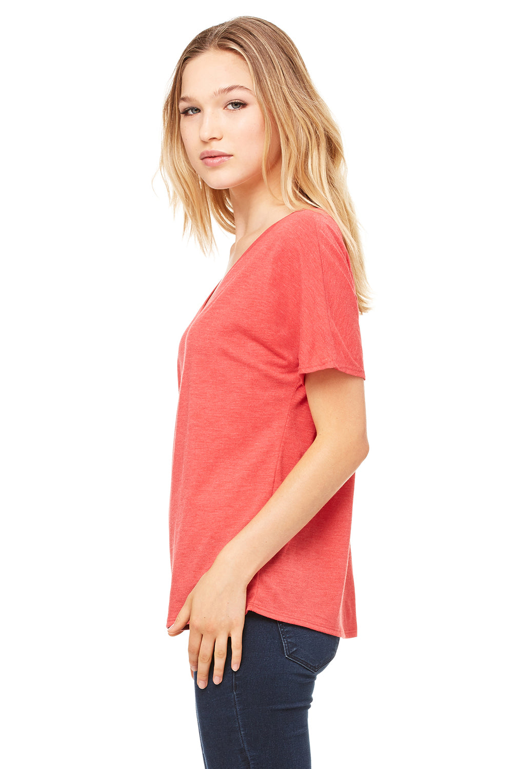 Bella + Canvas 8815 Womens Slouchy Short Sleeve V-Neck T-Shirt Red Triblend Model Side