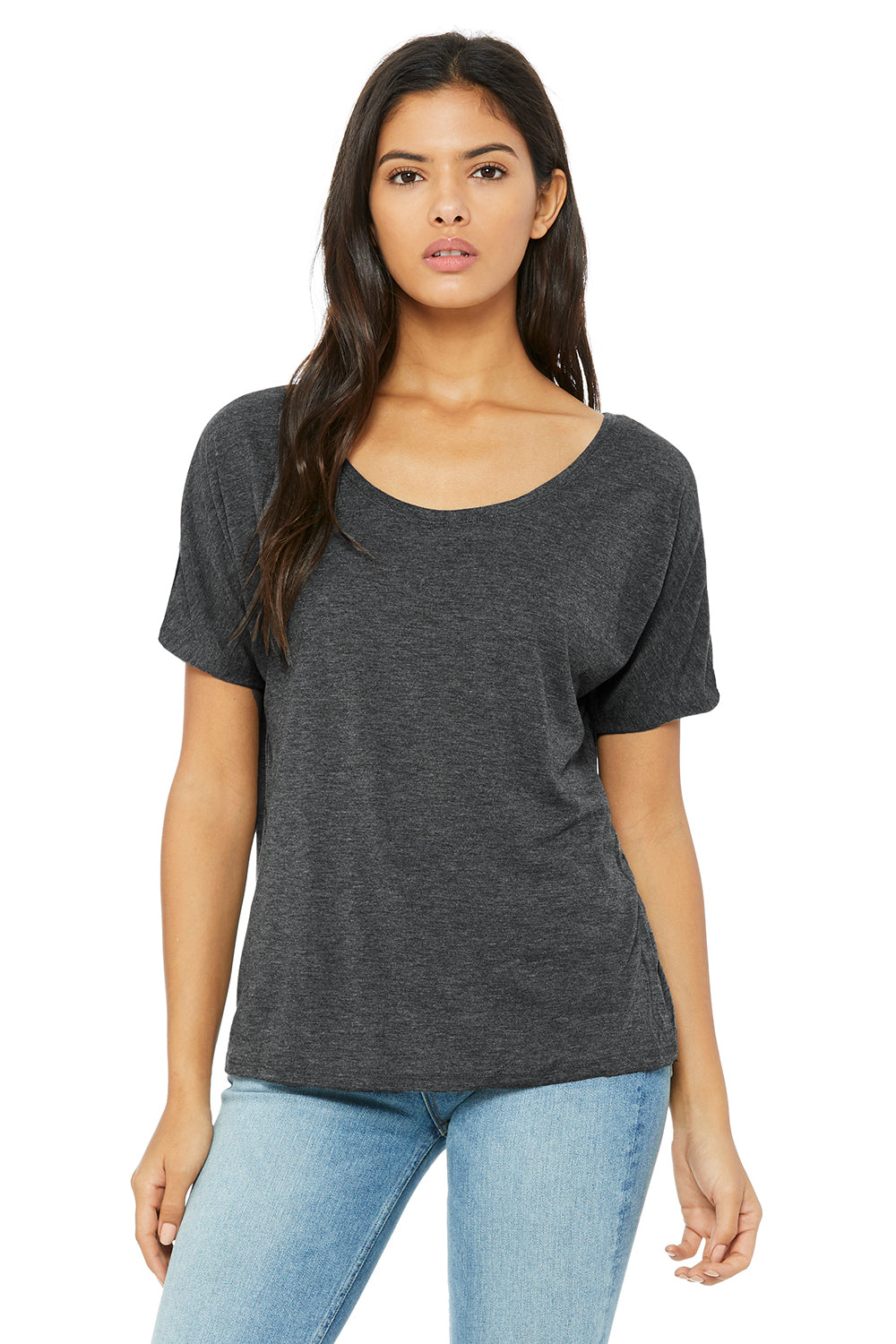 Bella + Canvas BC8816/8816 Womens Slouchy Short Sleeve Wide Neck T-Shirt Heather Dark Grey Model Front