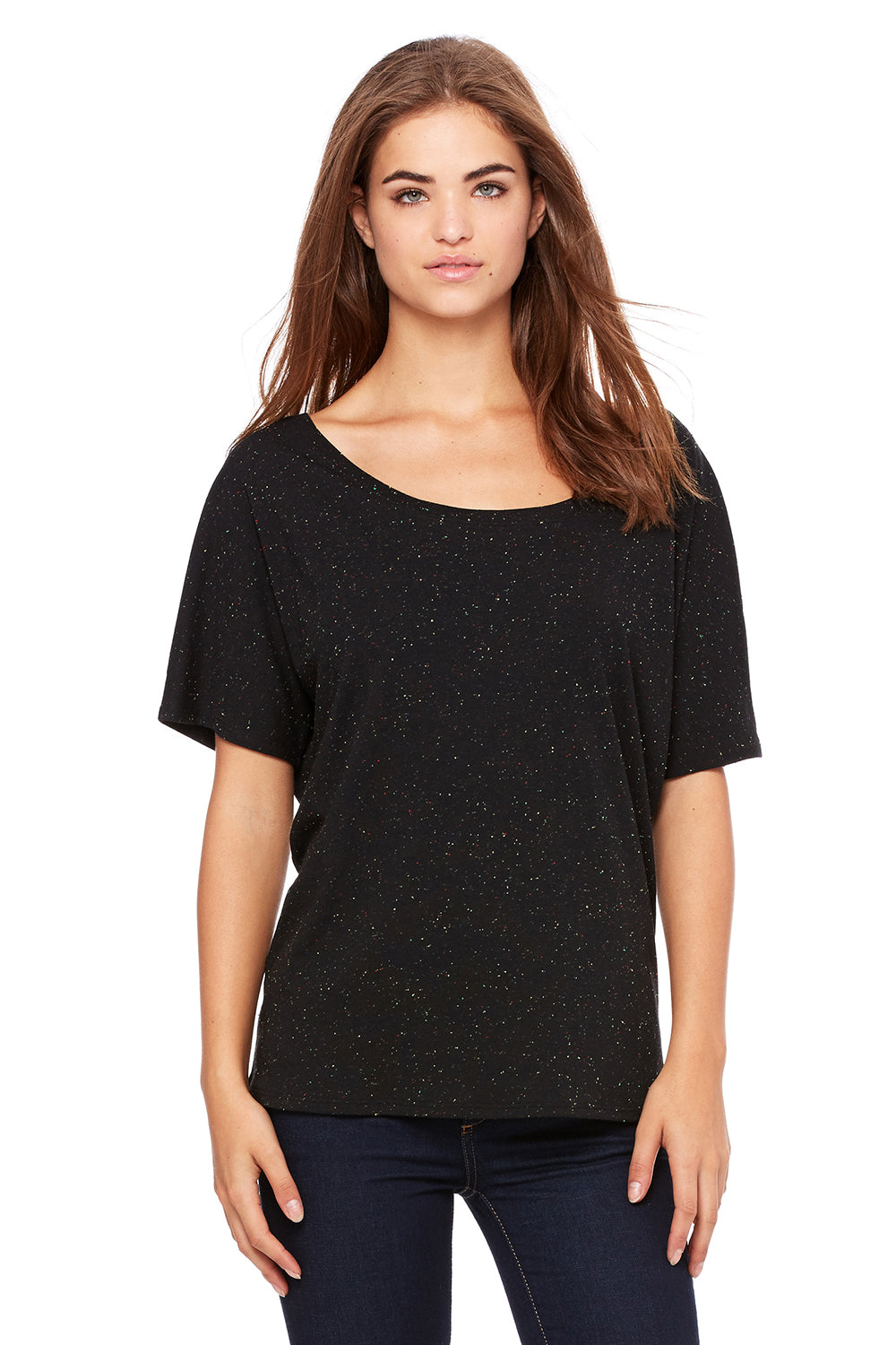 Bella + Canvas BC8816/8816 Womens Slouchy Short Sleeve Wide Neck T-Shirt Black Speckled Model Front