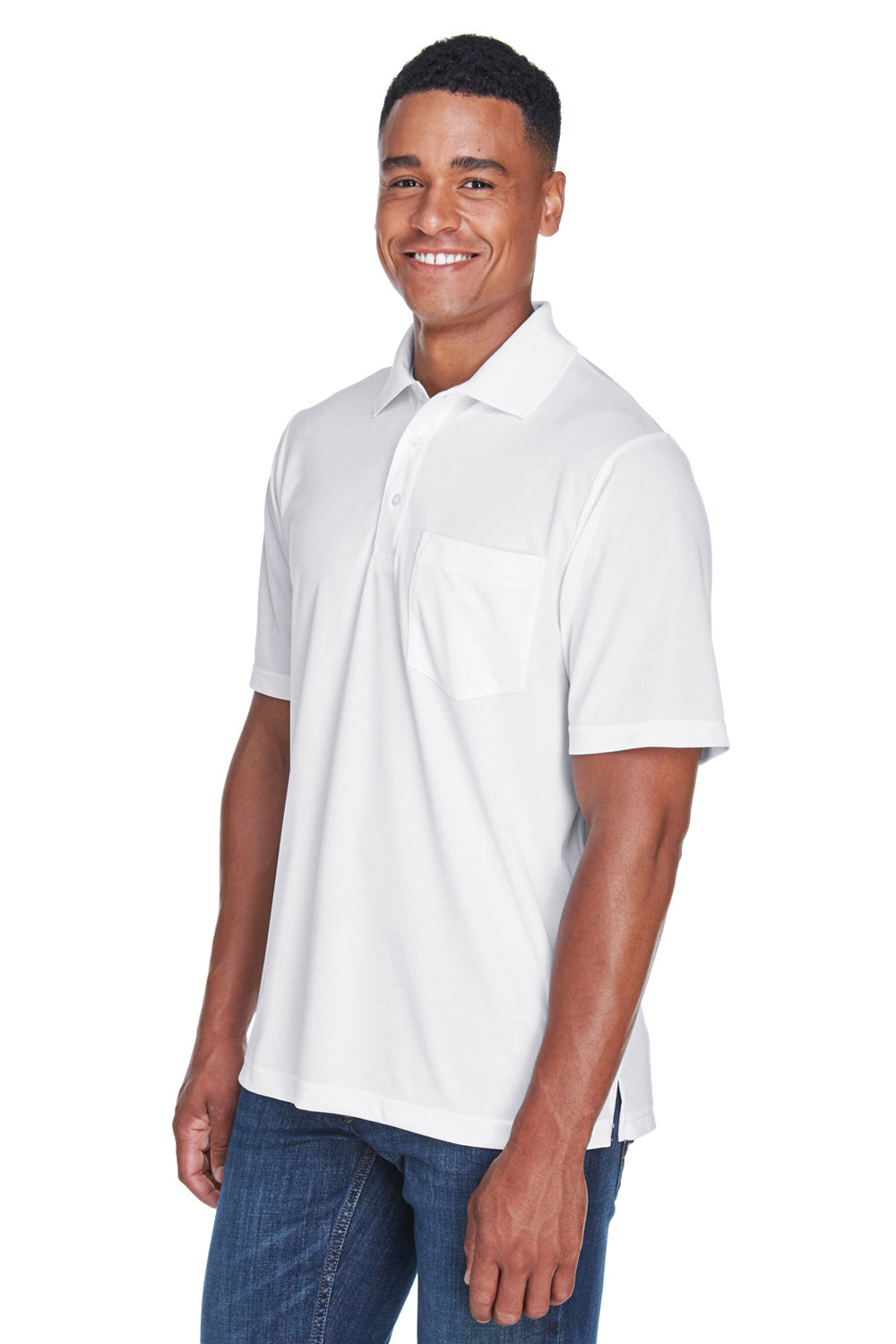 Core 365 88181P Mens Origin Performance Moisture Wicking Short Sleeve Polo Shirt w/ Pocket White Model 3q