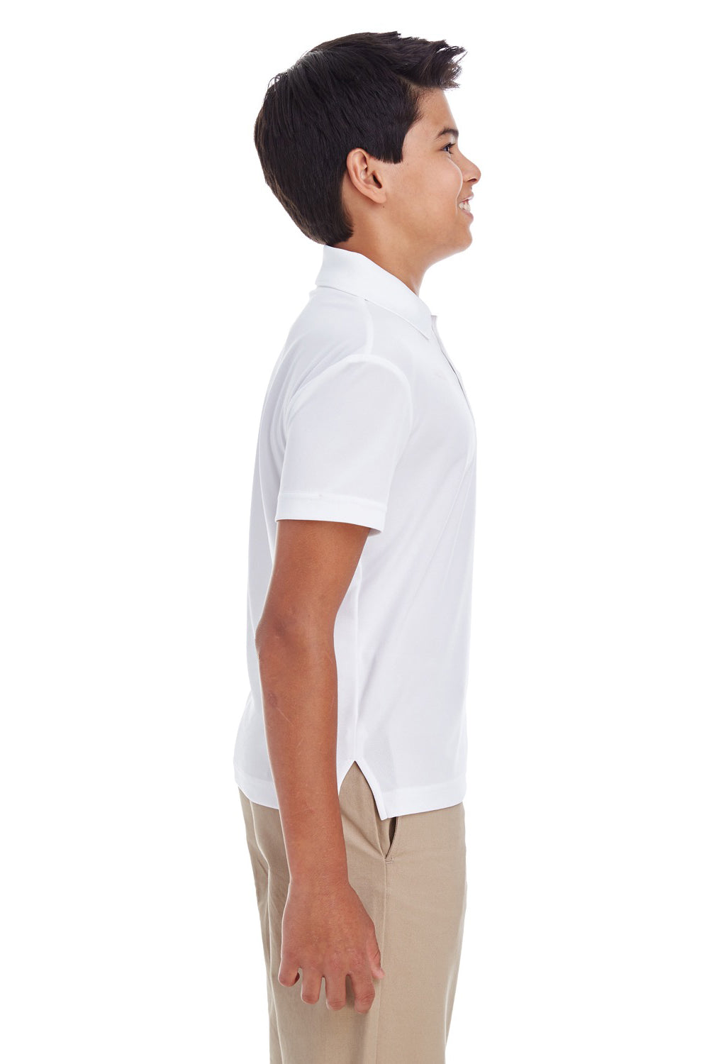 Core 365 88181Y Youth Origin Performance Moisture Wicking Short Sleeve Polo Shirt White Model Side