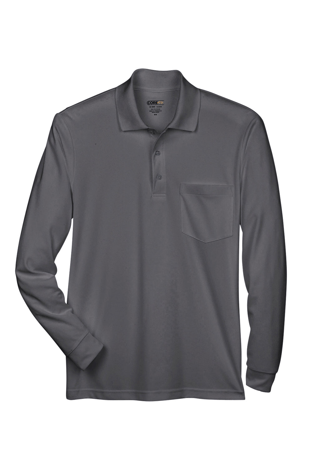 Core 365 88192P Mens Pinnacle Performance Moisture Wicking Long Sleeve Polo Shirt w/ Pocket Carbon Grey Flat Front