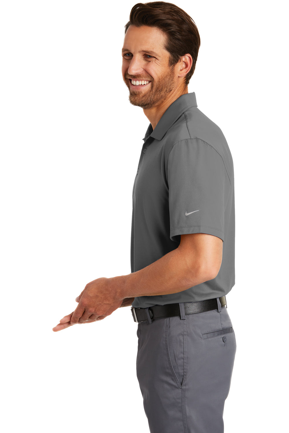 Nike 883681 Mens Legacy Dri-Fit Moisture Wicking Short Sleeve Polo Shirt Dark Grey Model Side