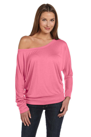 Bella + Canvas 8850 Womens Flowy Off Shoulder Long Sleeve Wide Neck T-Shirt Neon Pink Model Front