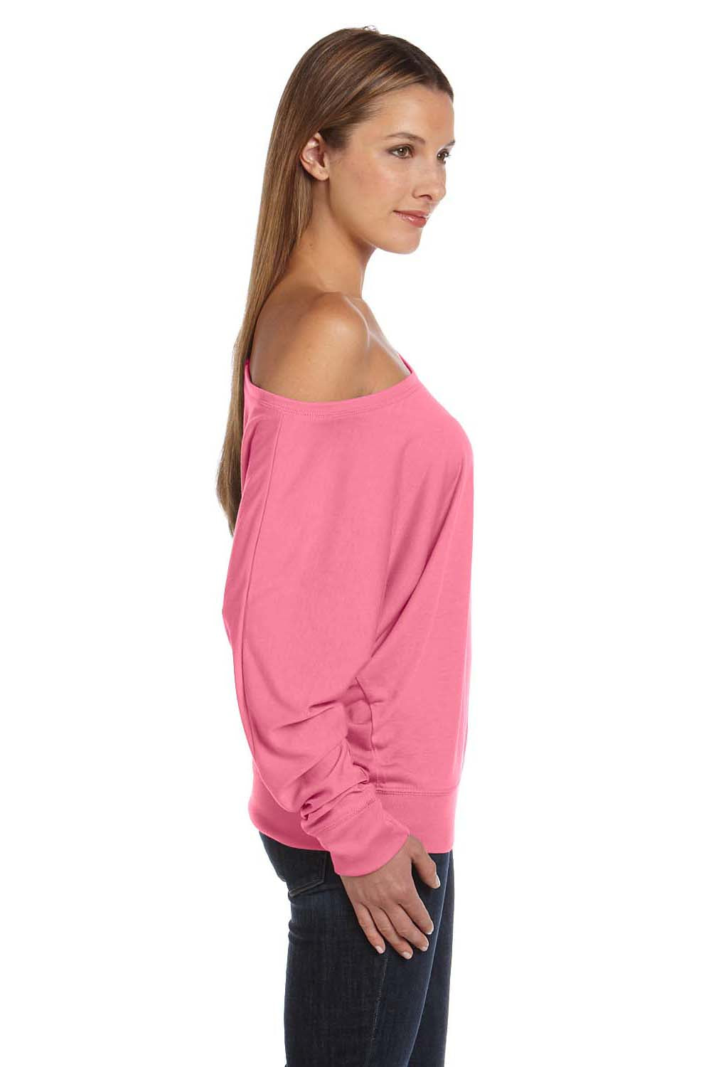 Bella + Canvas 8850 Womens Flowy Off Shoulder Long Sleeve Wide Neck T-Shirt Neon Pink Model Side