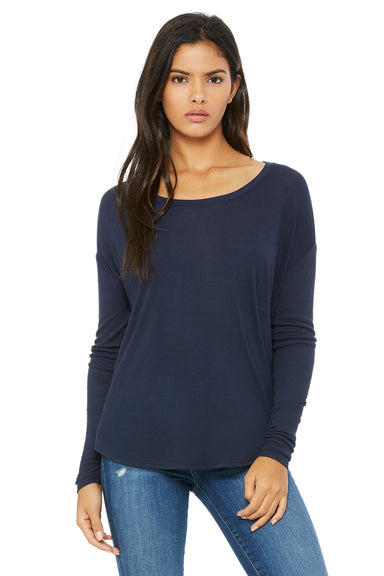 Bella + Canvas 8852 Womens Flowy Long Sleeve Wide Neck T-Shirt Midnight Blue Model Front