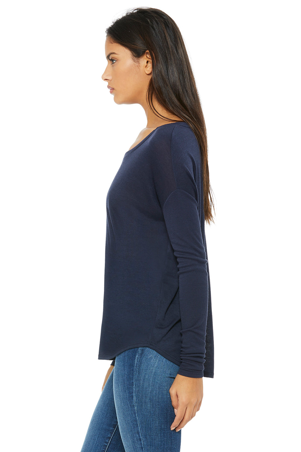Bella + Canvas 8852 Womens Flowy Long Sleeve Wide Neck T-Shirt Midnight Blue Model Side
